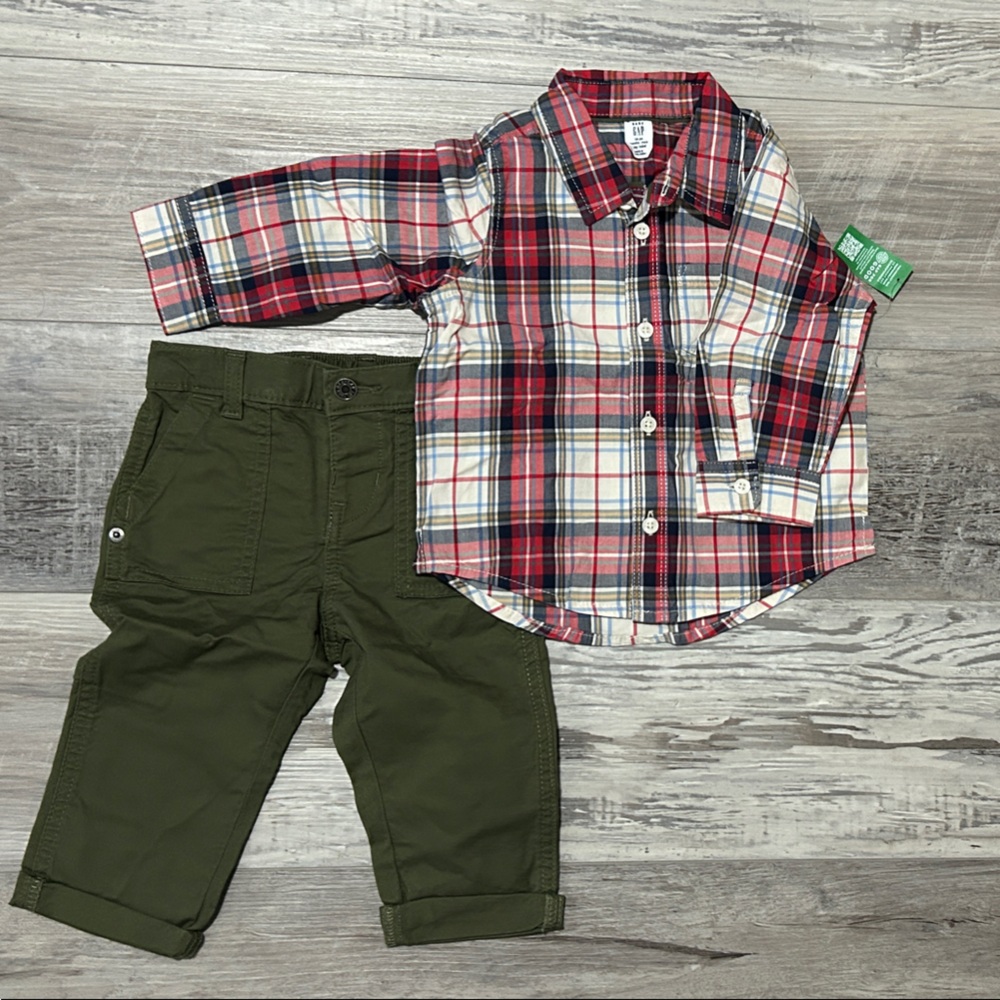 GAP Red Plaid Shirt and Olive Pants Set for Kids NWT 18-24M